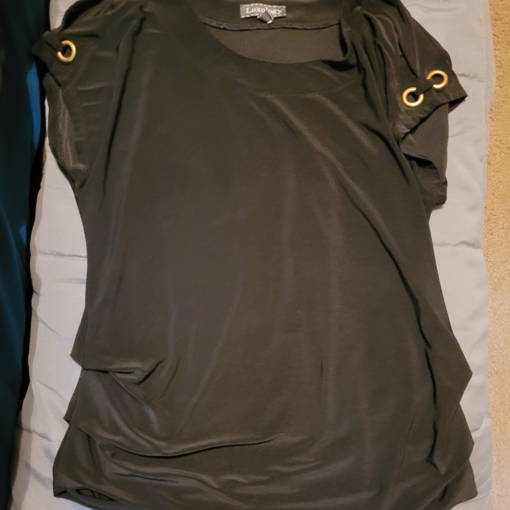 Silky black dress shirt with gold embellishments, Size medium